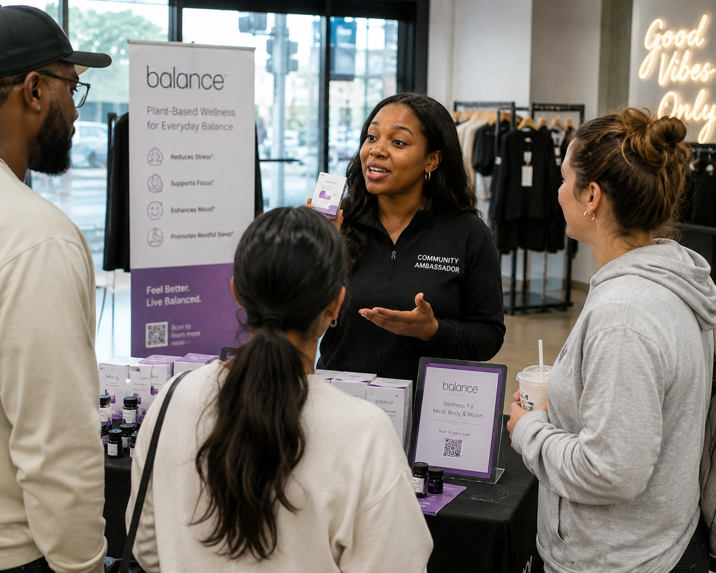 A community ambassador demoing a wellness product to shoppers at an in-store pop-up activation