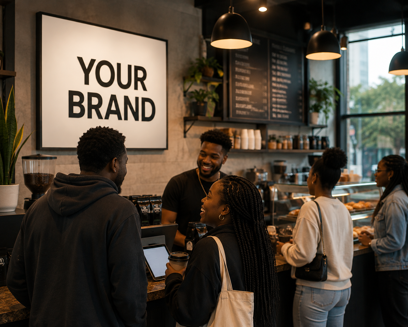 Customers ordering at a modern community coffee shop with a 'Your Brand' feature wall